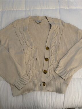 Loft Cream Cable-Knit Button Cardigan Sweater